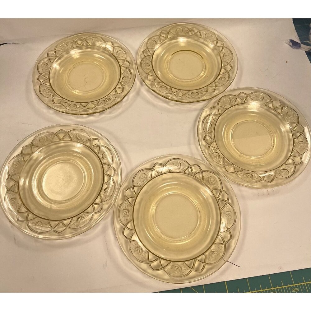 Vintage federal Glass Plates With Embossed Floral Pattern amber set of 5 depress